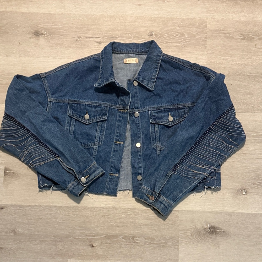 Blue Denim Oversized Cropped Jacket with Metal Fringe on Sleeves - Size M/L